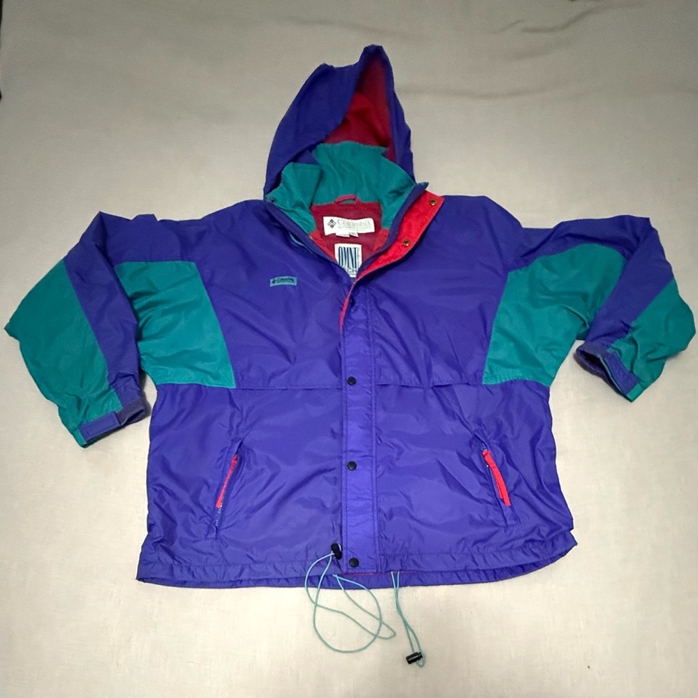Columbia Purple and Teal Raincoat with Red Accents